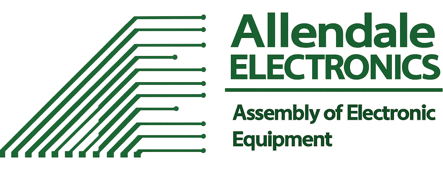 Logo for Allendale Electronics with green circuit-like lines on the left and the text “Allendale ELECTRONICS Assembly of Electronic Equipment” on the right.
