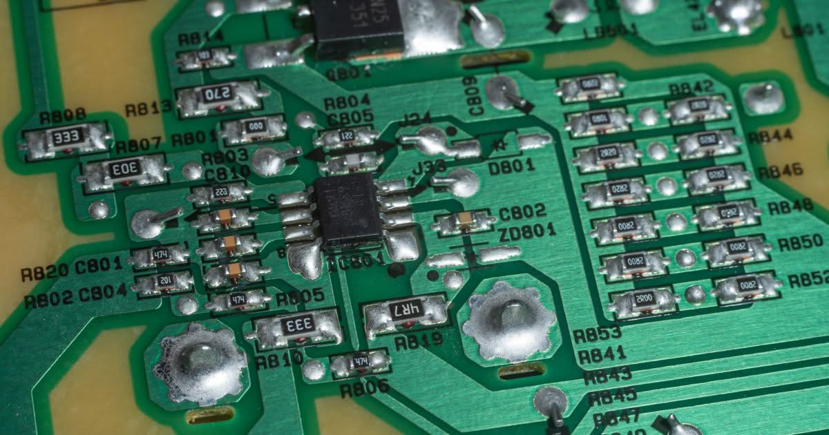 Close-up of a green circuit board with surface-mount resistors, capacitors and a small chip soldered beside round through-hole solder joints